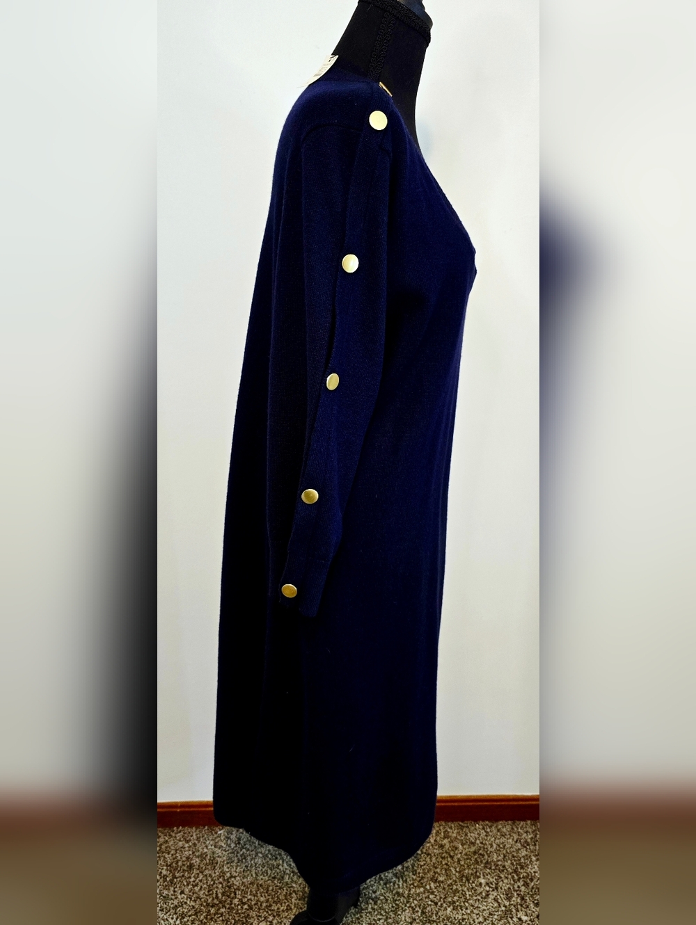 Talbots sweater dress navy gold button sleeve preppy knit v neck chic classic XL - Picture 5 of 10